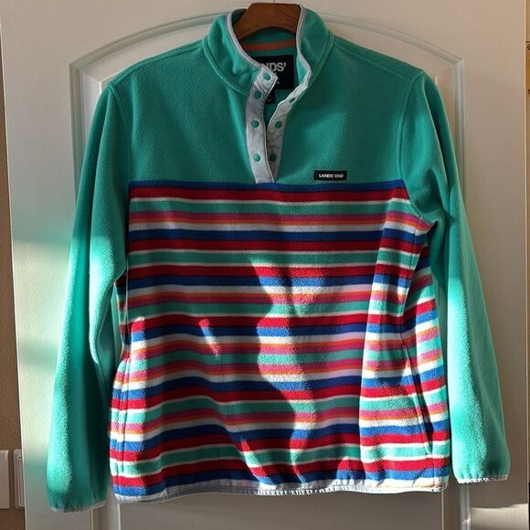 Lands’ End Women's Large Heritage Fleece Snap Neck Pullover striped sweatshirt - Picture 3 of 8